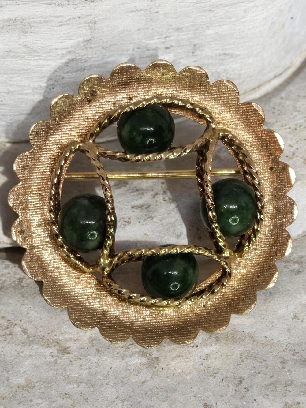 10K Gold Filled 3D Brooch with Dark Green Beads Probably Jades